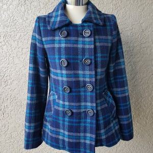 Aeropostale Pea Coat Jacket checked blue wool